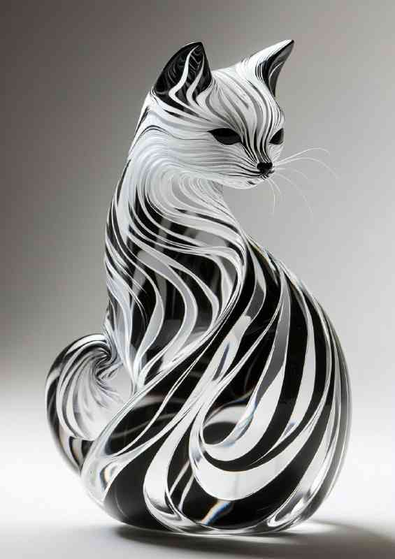 A glass cat sculpture with black and white swirls