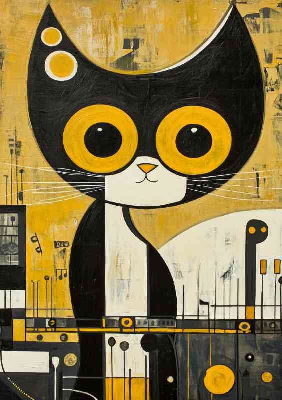 Abstract painting of a cat with big yellow eyes