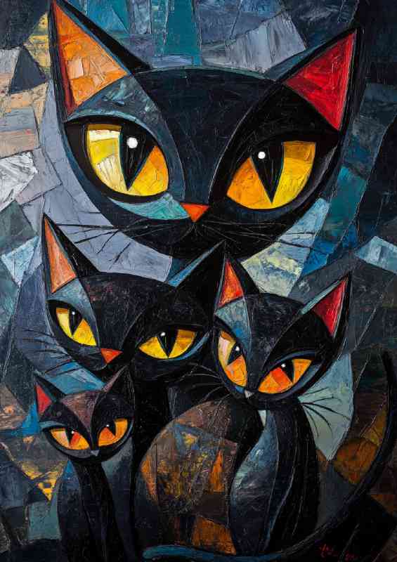 Black Cats Family big eyes in the style of Cubism