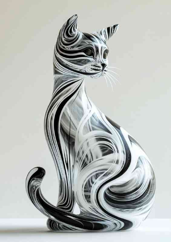 Cat sculpture with black and white swirls