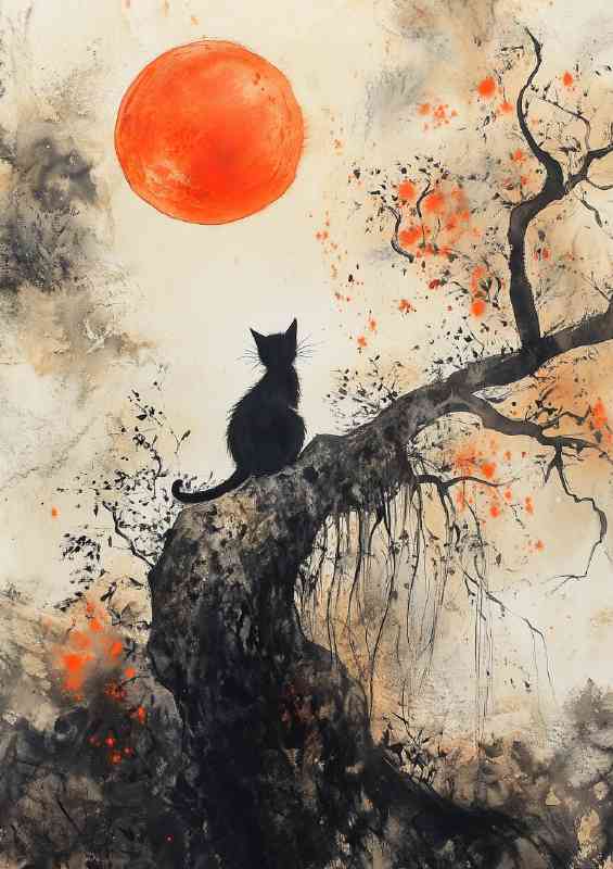 Cat sits on the edge of an old tree gazing at a red moon
