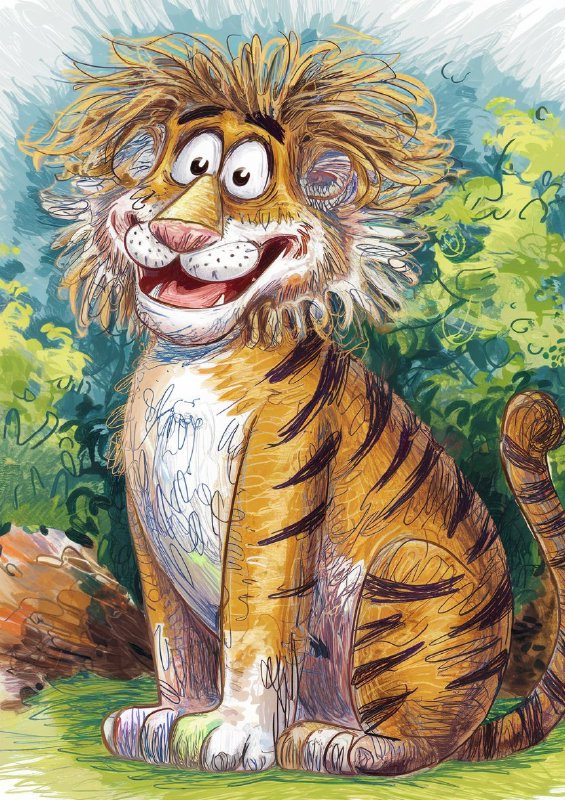 Colour graphite pencil drawing of a full body happy sitting lion