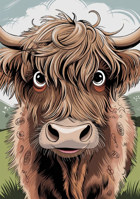 Colour graphite pencil drawing of a happy shaggy cow