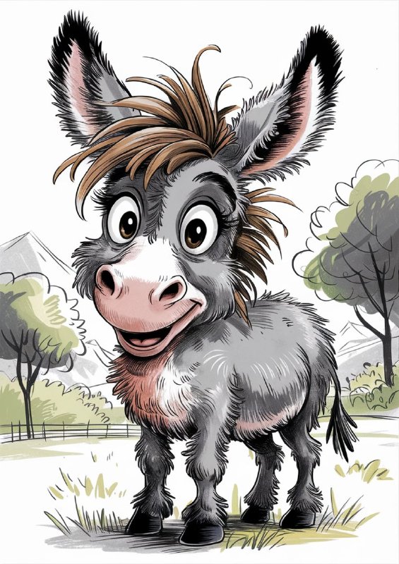 Colour graphite pencil drawing of a happy shaggy donkey