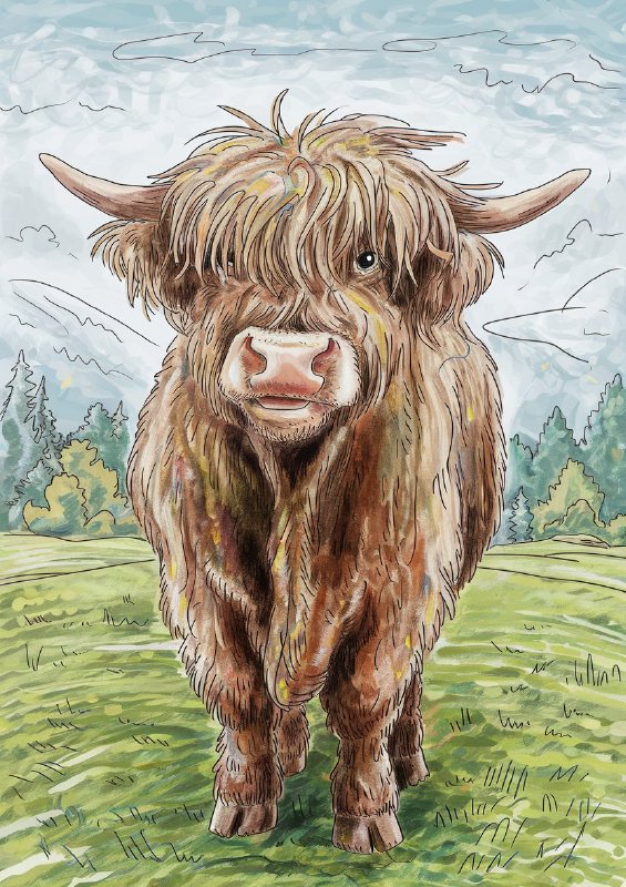Colour graphite pencil drawing of a happy shaggy standing cow