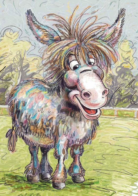 Colour graphite pencil drawing of a happy shaggy standing donkey