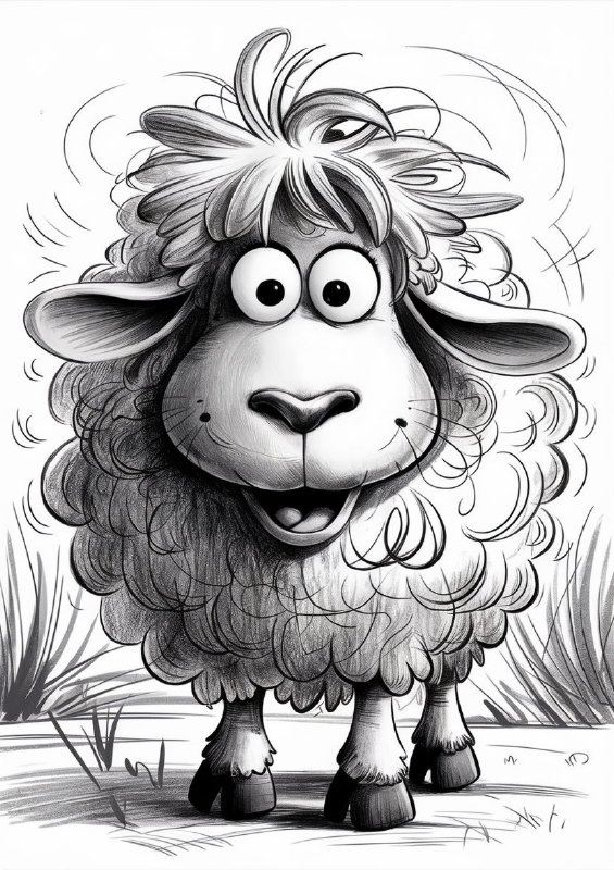 Colour graphite pencil drawing of a happy shaggy standing sheep