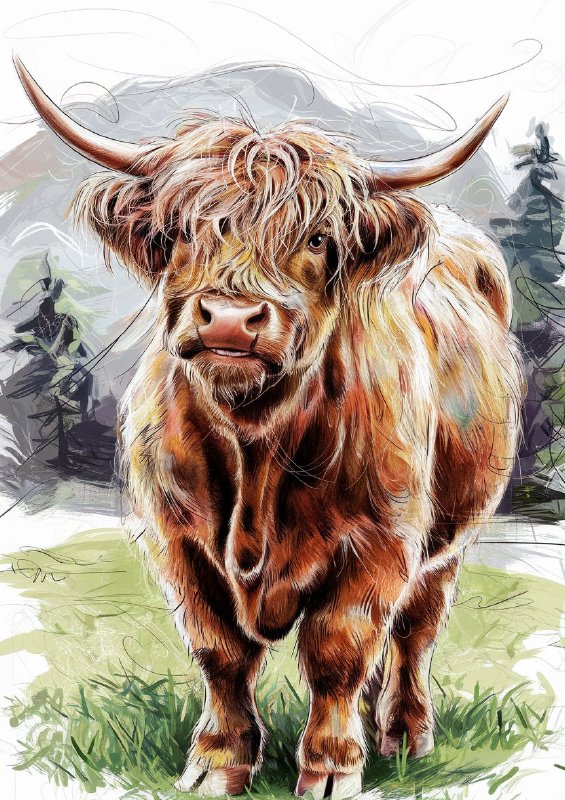 Colour graphite pencil drawing of a highland cow