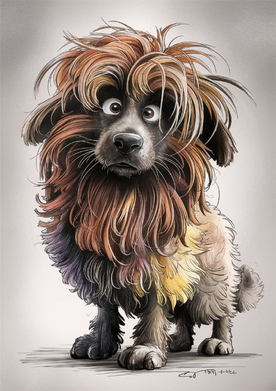 Colour graphite pencil drawing of a shaggy shepheard dog
