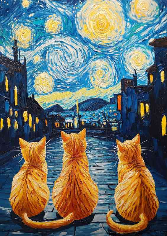 Cute cats in the style of van gogh starry night