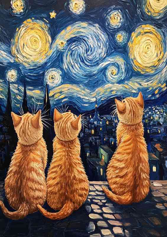 Cute cats in the style of van gogh starry nights