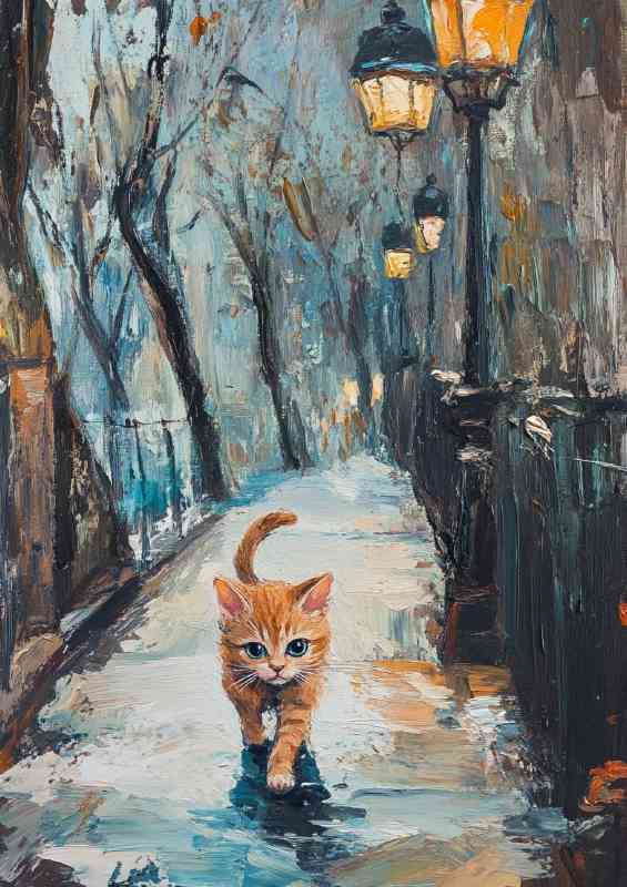 Kitten walks along the embankment in Paris