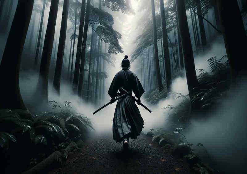 Path of Honor a samurai walking through a misty forest