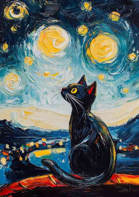 Starry Night with Black Cat in the style of Vincent van gough