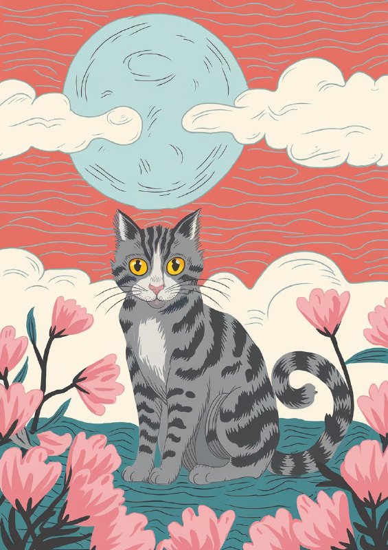Striped cat with vibrant yellow eyes sitting