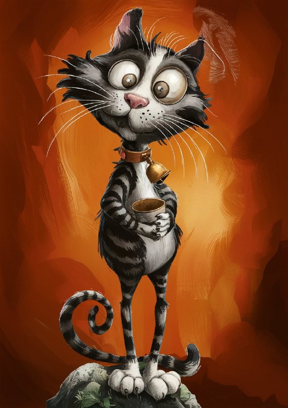 Whimsical tall cat drinking coffee