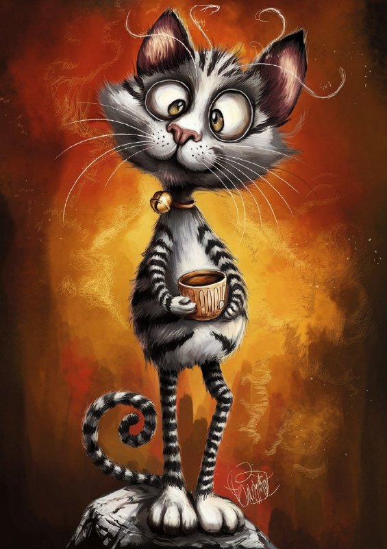 Whimsical tall cat is standing on a rock