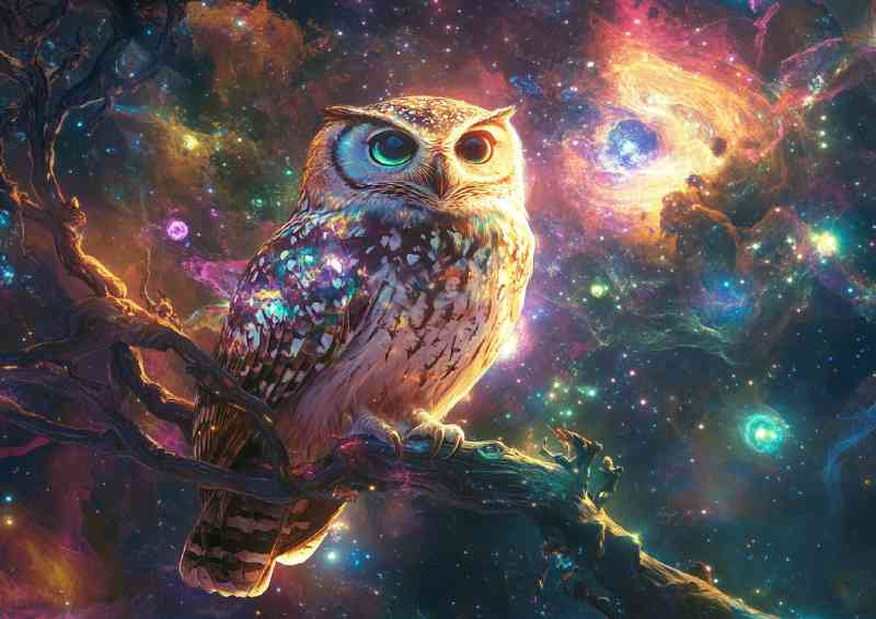 A wise owl perched on an intricate branch surrounded by the nebula