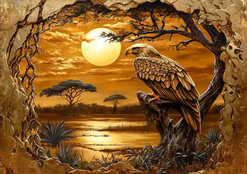 African gold design with an eagle and African savanna