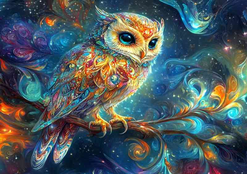 An owl perched on an intricate branch surrounded by swirly skies