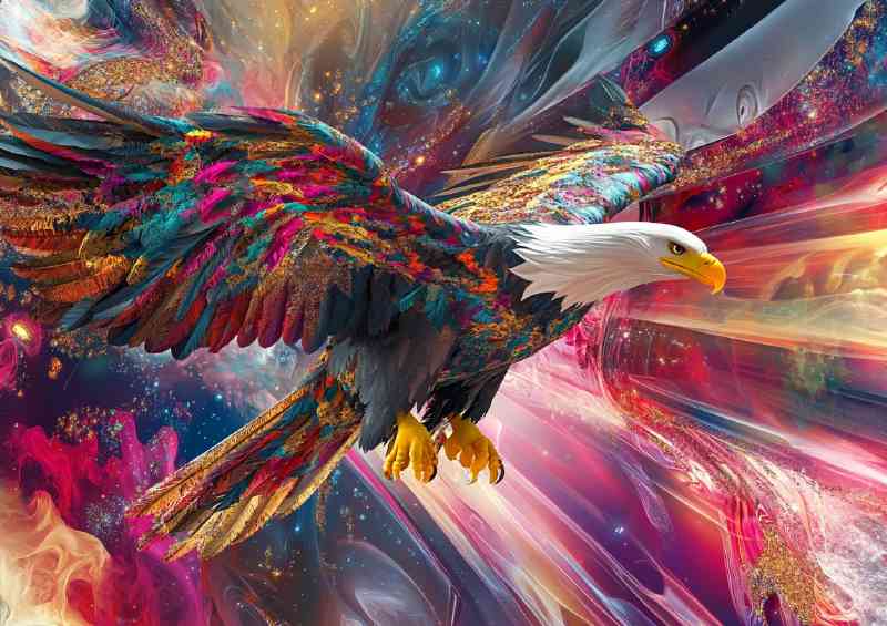 Bald eagle flying with colorful fractal feather