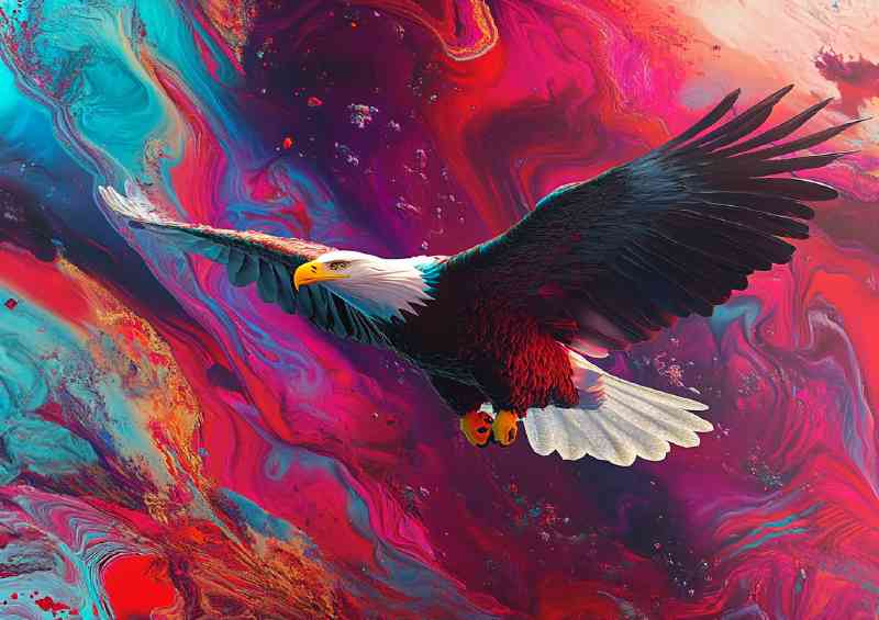 Bald eagle flying with colorful fractal feather liquid