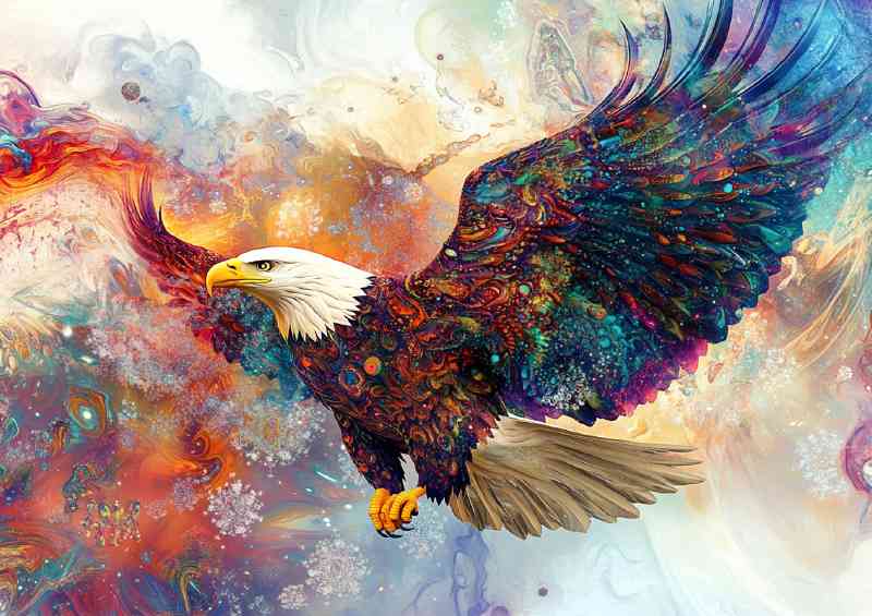 Bald eagle with wings spread colorful fractal pallette