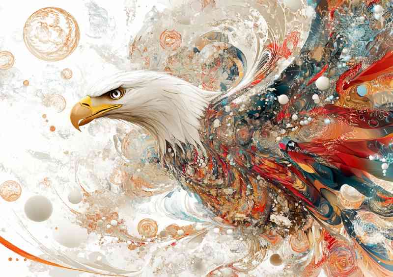 Bald eagle with wings spread in a colorful and dynamic