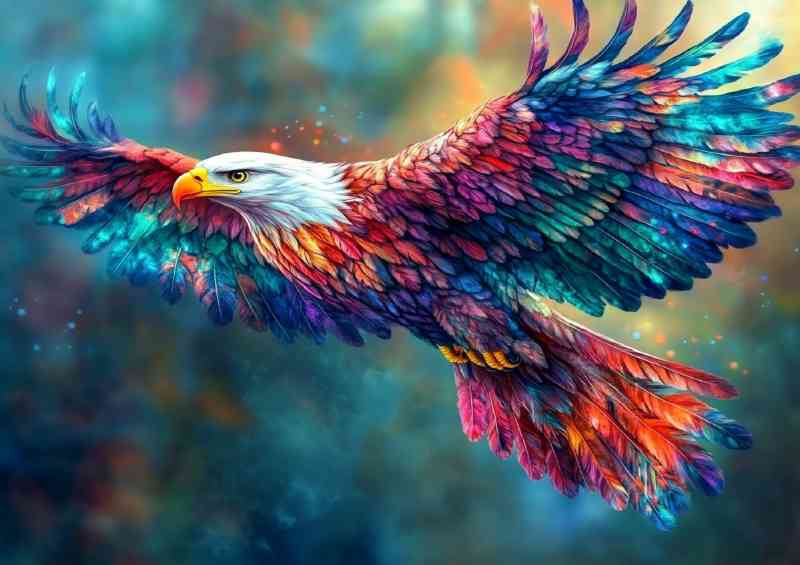 Colorful eagle in flight its feathers swirling