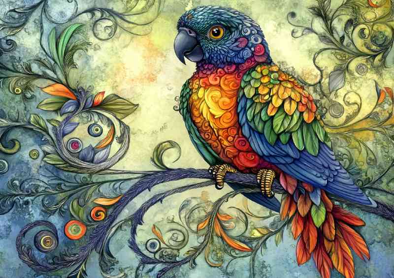 Colorful parrot sitting on a swirly tree branch