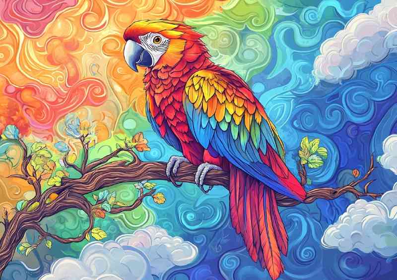 Colorful parrot sitting on a tree branch with a psychadelic patterns
