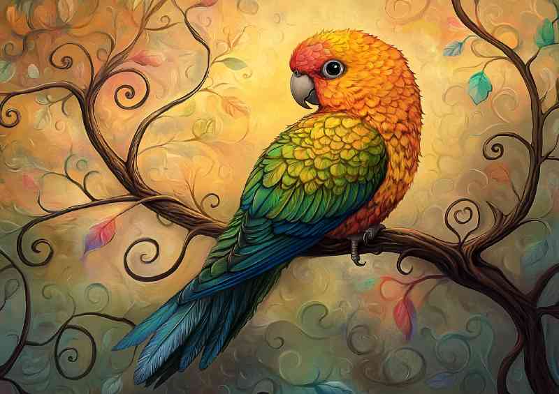 Colorful parrot sitting on a tree branch with swirls