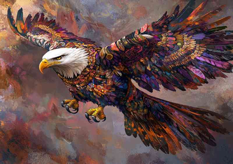 Eagle in flight feathers adorned with strong colours