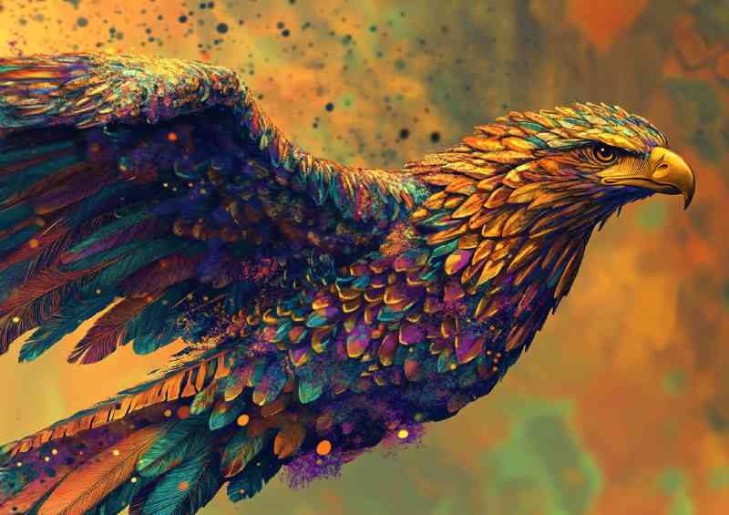 Eagle in flight feathers adorned with vibrant colors