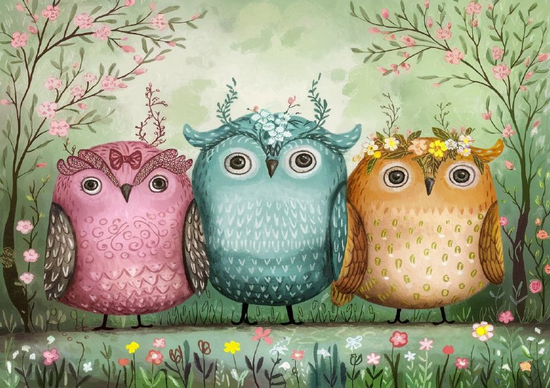 Forest setting with three whimsical owls