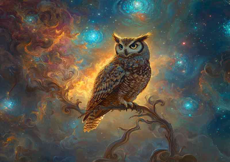 Owl perched on an elegant branch surrounded by nebula sky