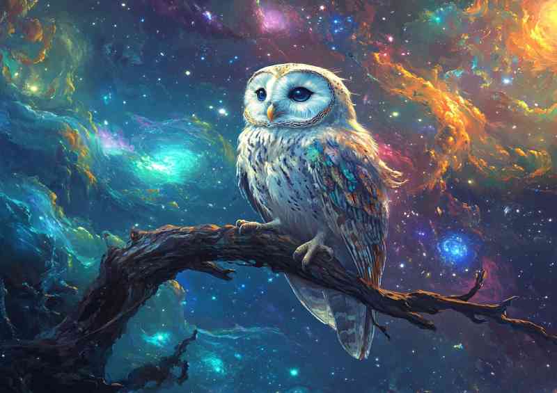 Owl perched on an elegant branch surrounded by swirls at night