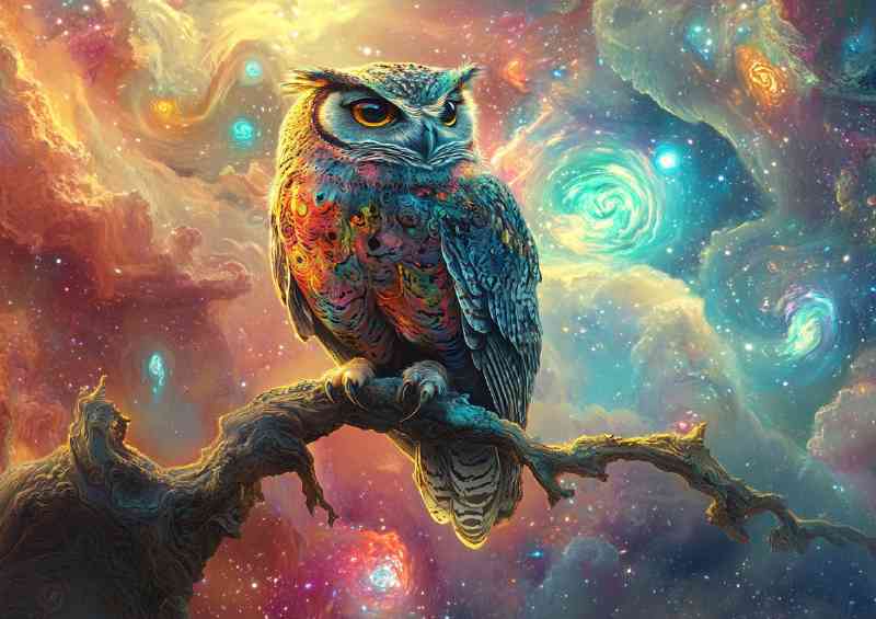 Owl perched on an intricate branch surrounded by clouds