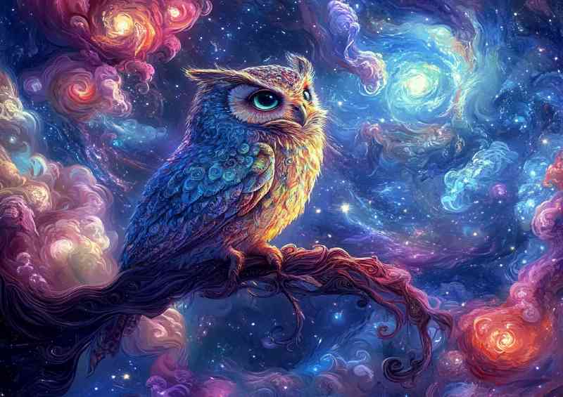 Owl perched on an intricate branch surrounded by colourful clouds