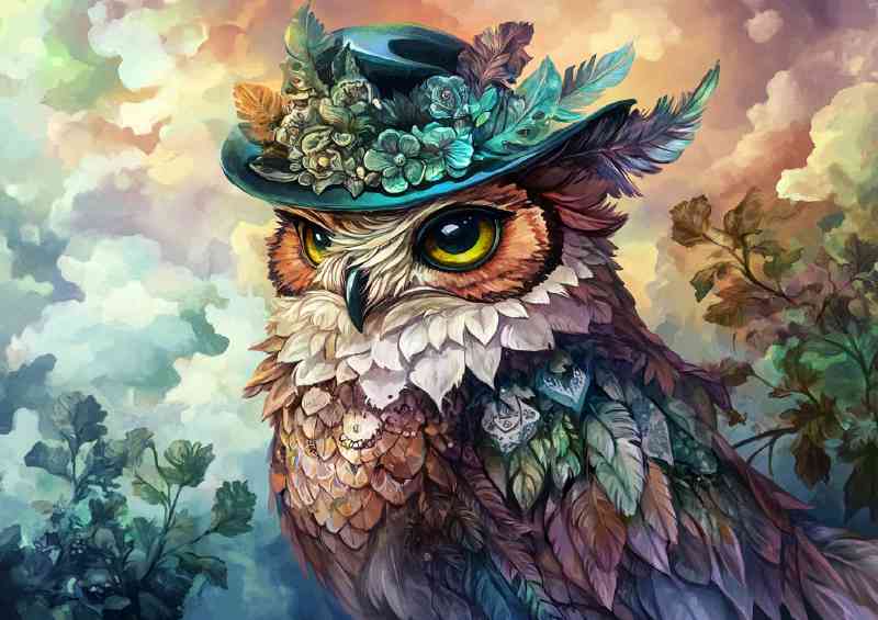 Owl wearing an elegant hat with vibrant