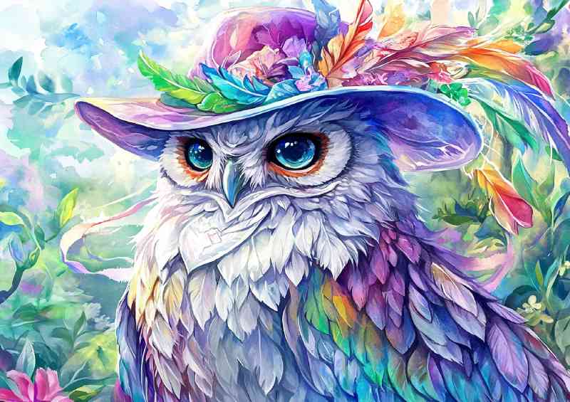 Owl wearing an elegant hat with vibrant ccolours