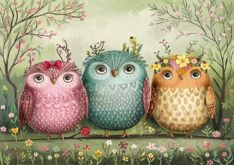 Three whimsical owls on a landscape