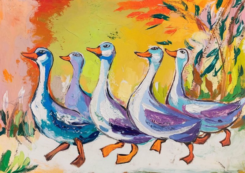Vibrant and colorful painting of five geese