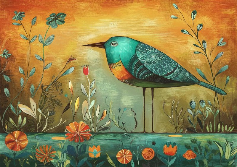Vibrant and whimsical illustration of a large bird