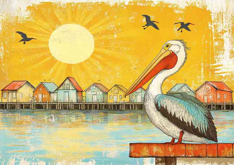 Vintage painting of an American pelican sitting on the bay