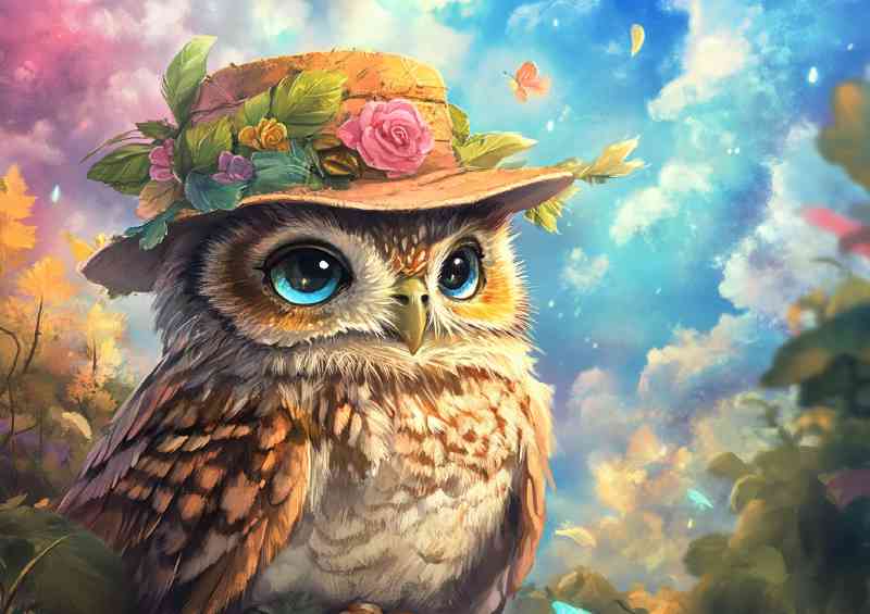 Whimsical owl wearing an elegant hat with vibrant