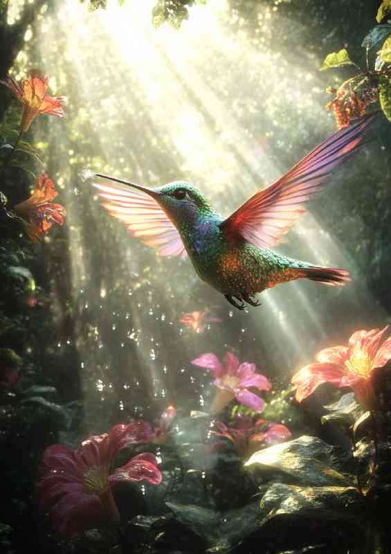 A colorful hummingbird hovering near vibrant flowers