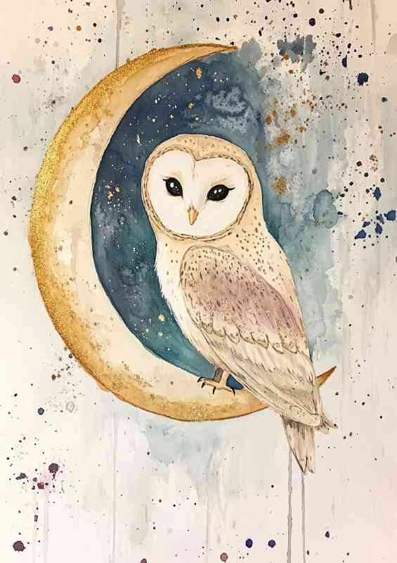 A cute owl sitting on a crescent moon a watercolor
