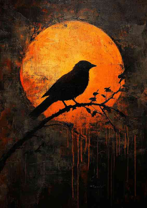 A painting of a bird perched on a branch silhouetted
