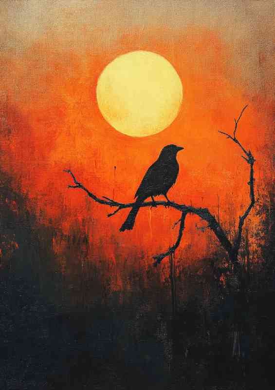 A painting of a bird perched on a branch silhouetted the morning sun